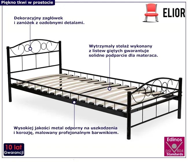 Czarne jednoosobowe metalowe łóżko 90x200 Uhress