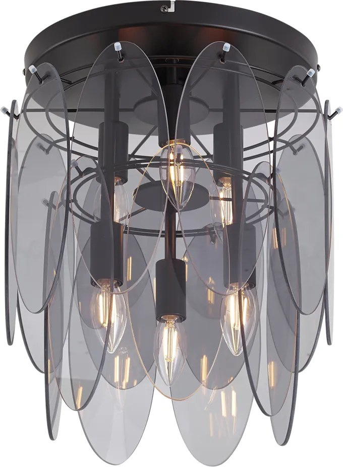 Lampa sufitowa Art Deco czarna z przydymionym szkłem owalna 6-punktowa - Mochan
