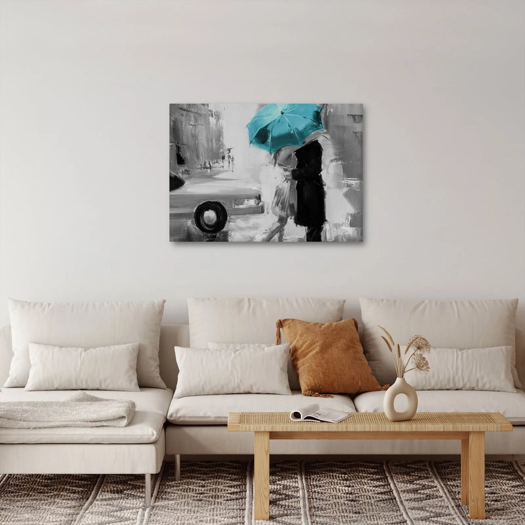 Obraz - Zakochana para z parasolem, niebieski (70x50 cm)