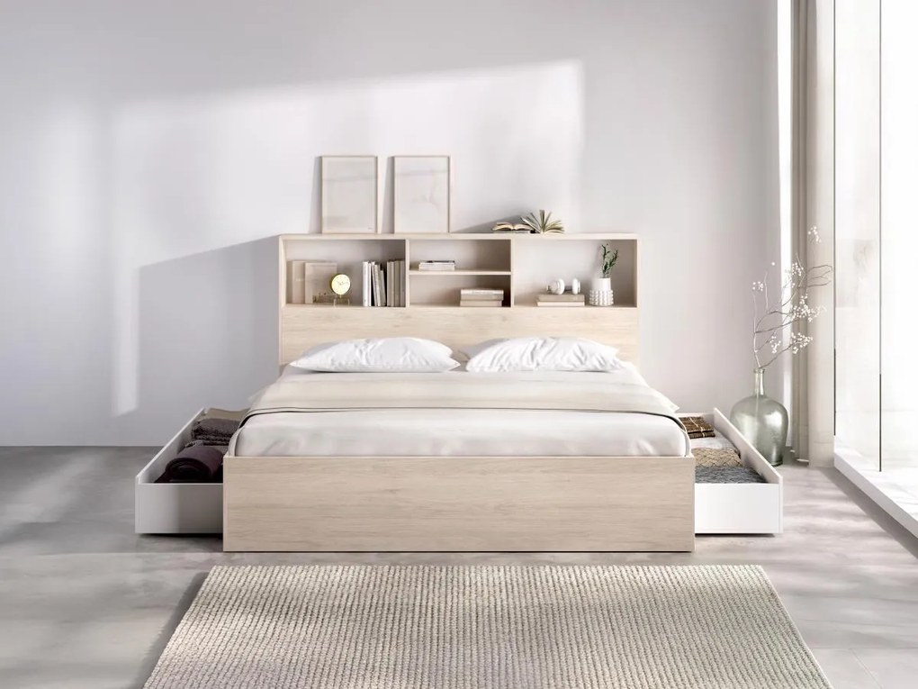 Łóżko 140 x 190 cm ze schowkami - Naturalny i biały + Stelaż + Materac - VARDIEL