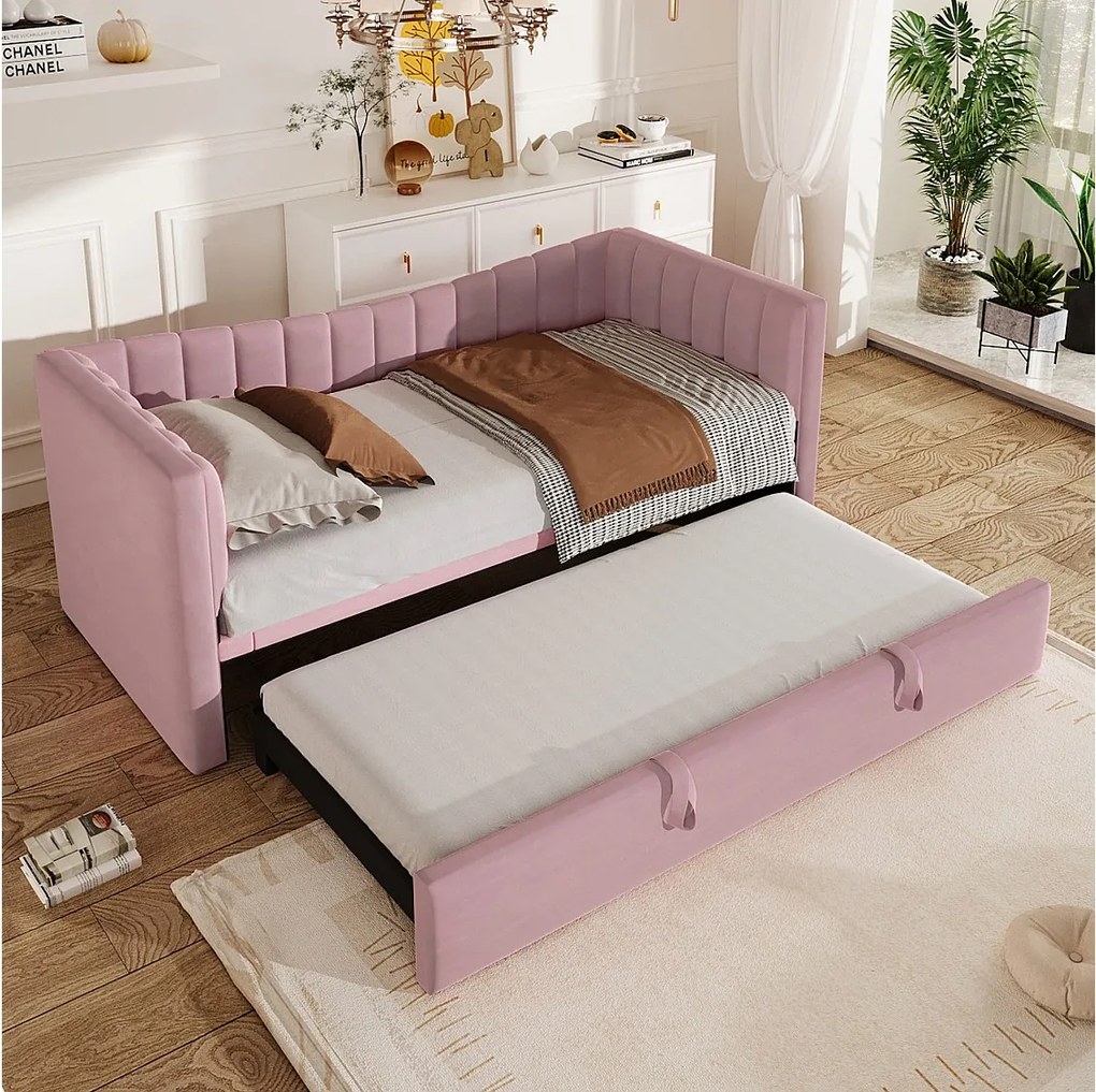 Sofa rozkładana 90/180x200 cm, różowy aksamit, łóżko podwójne z wysuwanym łóżkiem i stelażem - bez materaca