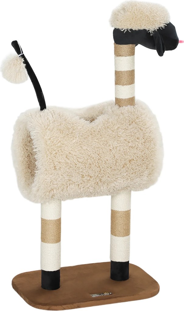 PawHut Drapak dla kota w designie baranka z słupkami do drapania, tunelem i zabawką, 98 cm, Jasnobrązowy