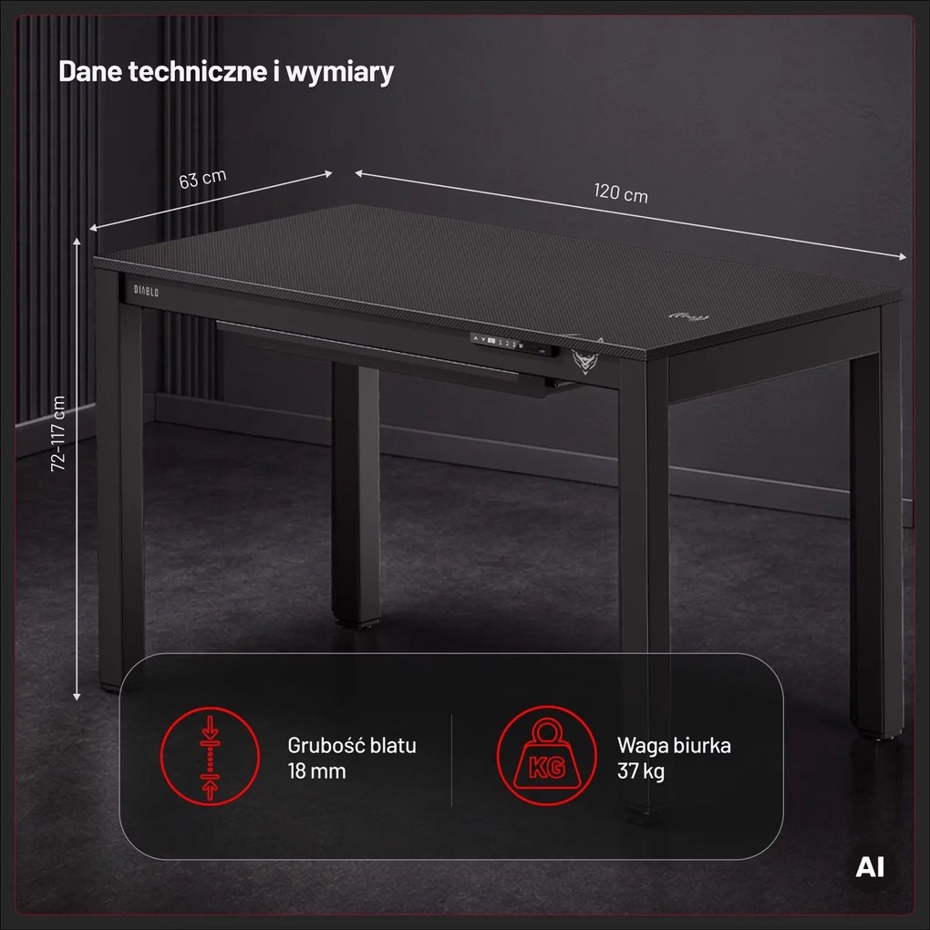 Biurko gamingowe z elektryczną regulacją wysokości Diablo X-Rift 120x63 cm, czarne