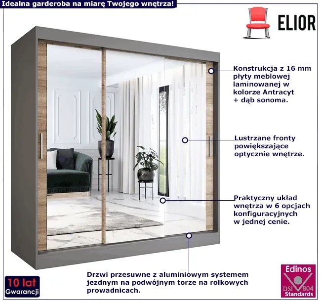 Szafa przesuwna z lustrem antracyt + dąb sonoma 200 cm - Kukkin 6X