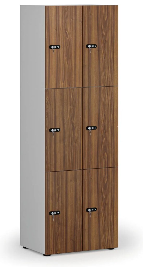 Drewniana szafka skrytkowa S4, 6 schowków, demontaż, zamek mechaniczny z kodem, szary/orzech