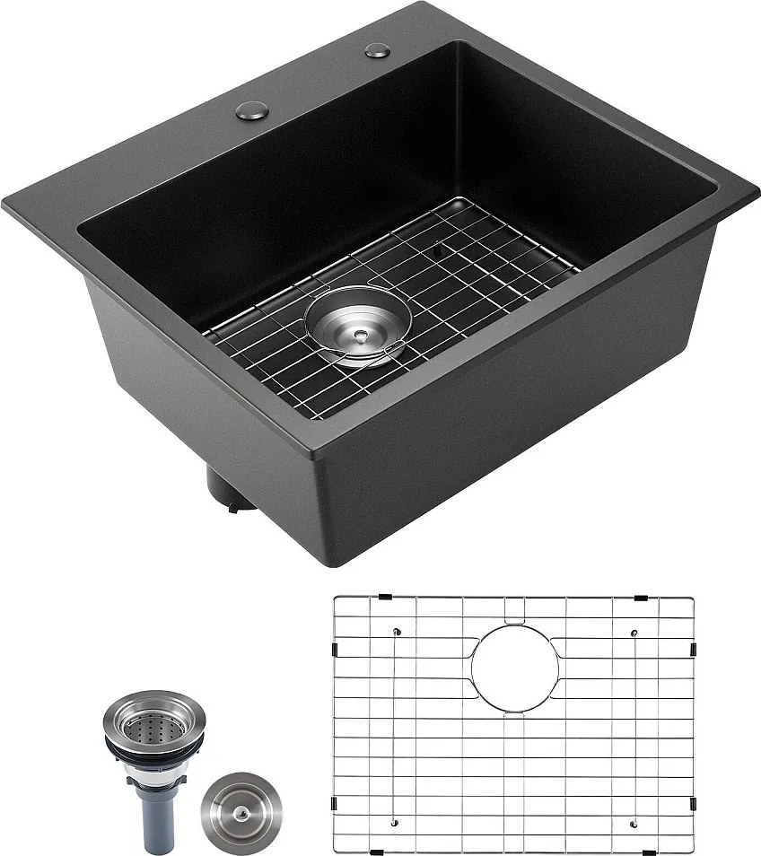 Nowoczesna Zlewozmywak Kuchenny SucceBuy z Granitu 63,5 cm, Zlewozmywak Nastawczy z Dużą Pojedynczą Komorą, Wkładana Komora do Mycia z Wieloma Akcesoriami