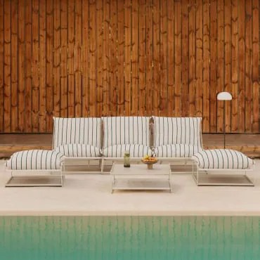 Zestaw Ogrodowy Z 3-częściową Modułową Sofą, Stolikiem Bocznym I 2 Pufami Rozkładanymi Amaro Kremowa Tapioca - Dark Blue - Sklum