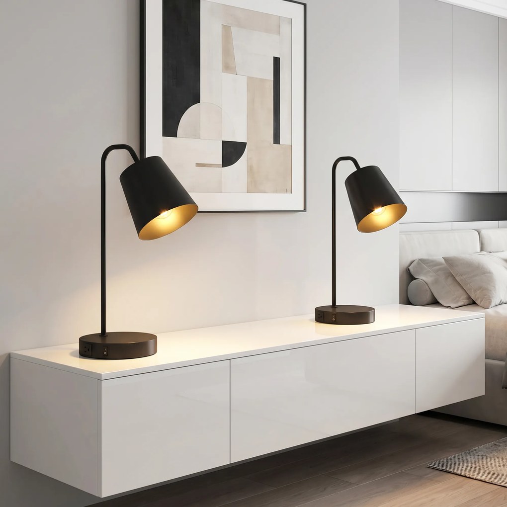 HOMCOM Zestaw lamp stołowych, 2 szt., Nowoczesne lampy z USB-A i USB-C do sypialni, salonu i biura, Czarny | Aosom PL