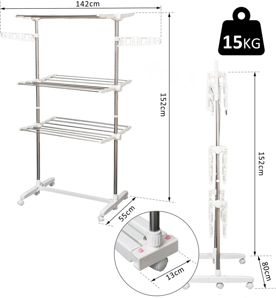 HOMCOM Suszarka na pranie składana z kółkami 3 poziomy regulowana wieszak na ubrania 80-142x55x152 cm | Aosom PL