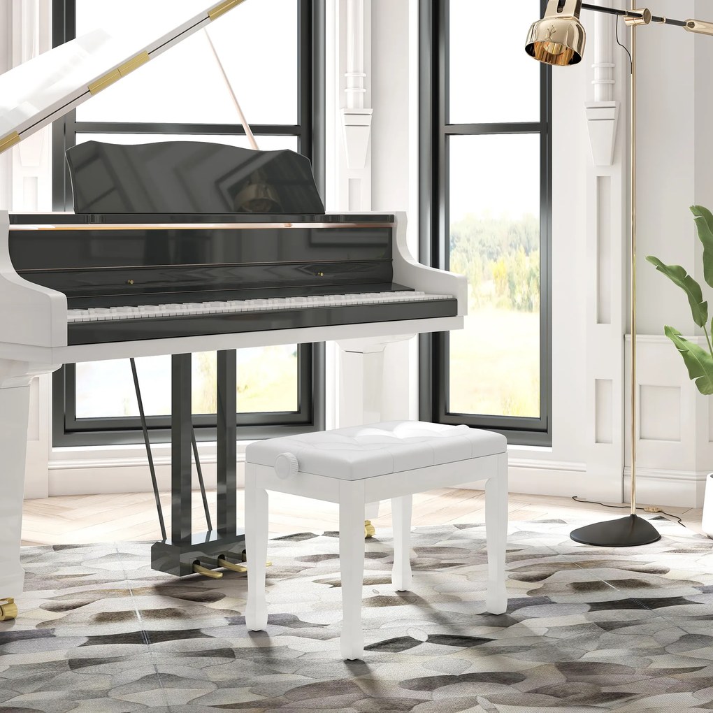 HOMCOM Ławka do Pianina z Regulacją Wysokości, Pianobank z Wyściełanym Siedziskiem z Ekoskóry 64 x 35 x 45-55 cm Biała | Aosom PL