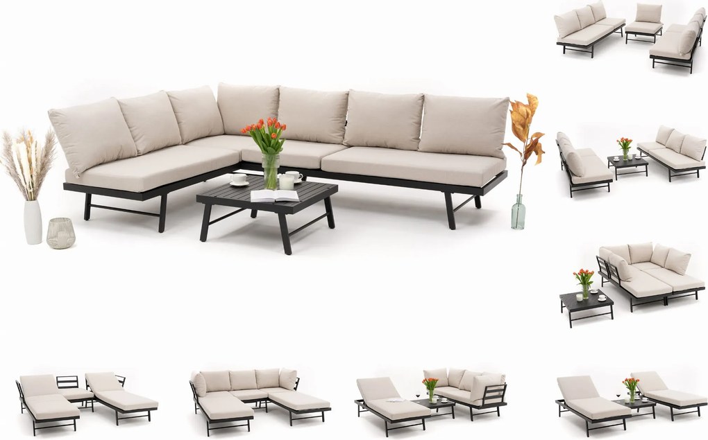 zestaw ogrodowy aluminiowy BORA modułowy leżak narożnik sofa stolik - grafitowo beżowy