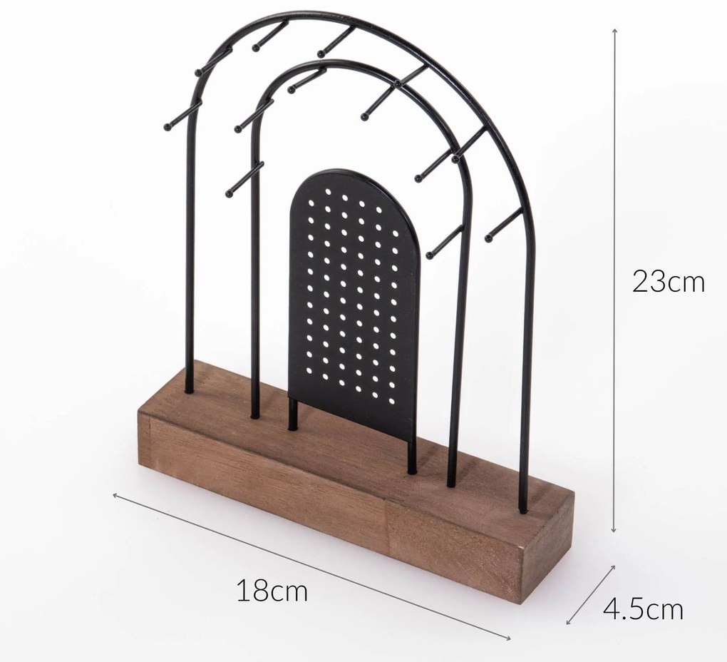 Metalowy stojak na biżuterię, drewniana podstawka, 18 x 4,5 cm