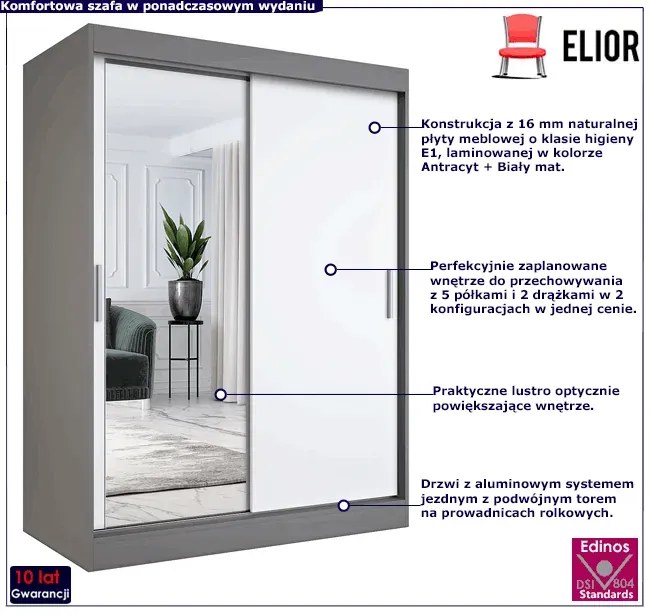 Szafa 150x200 przesuwna z lustrem antracyt + biały - Seko 4X