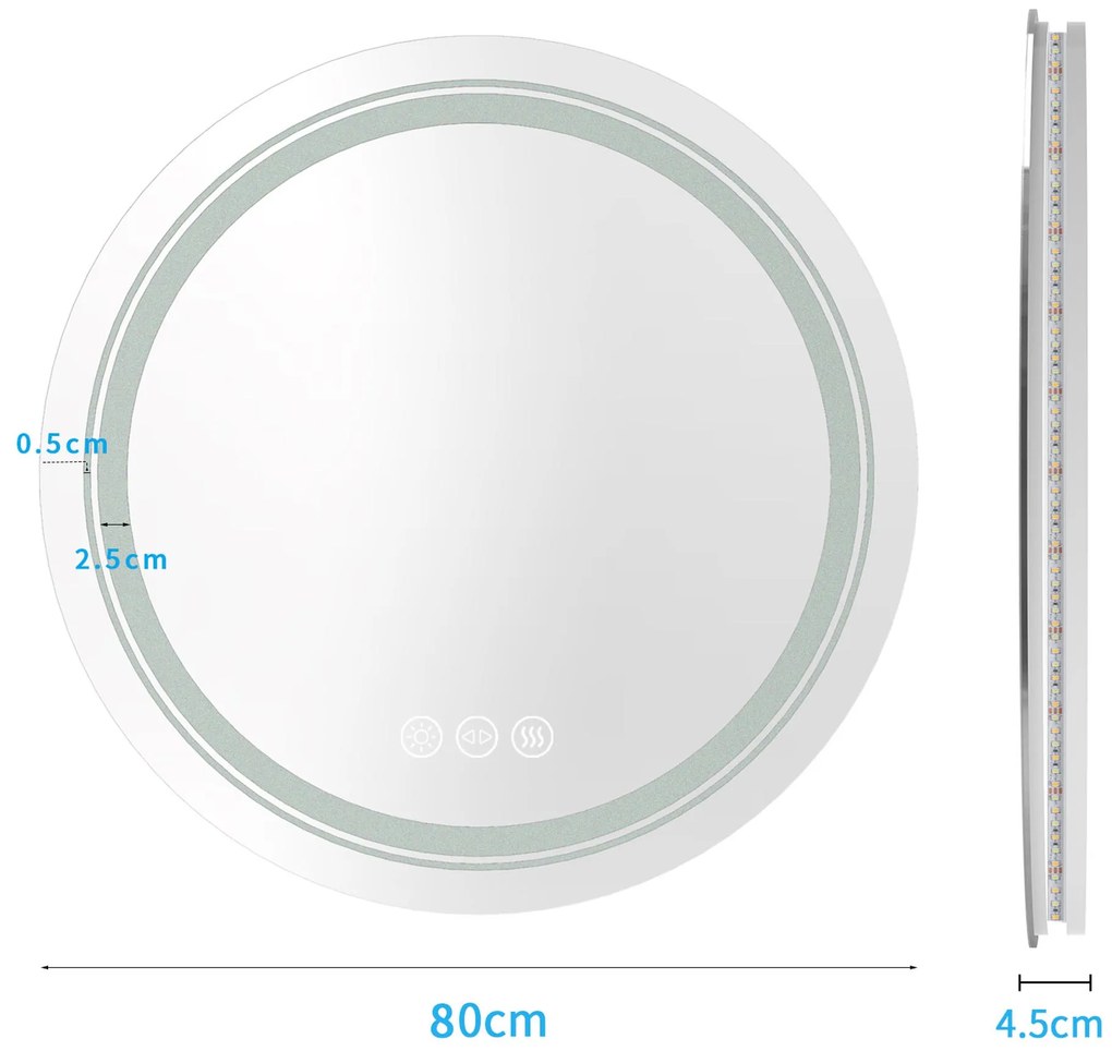 Lustro ścienne łazienkowe, okrągłe 80 cm, podświetlane srebrne DOVER 80