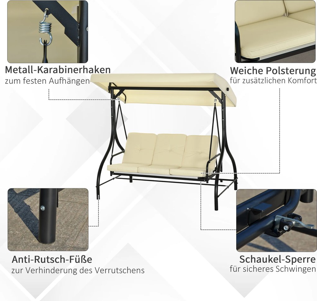 Outsunny Huśtawka Ogrodowa z Ochroną Przeciwsłoneczną, 3 Miejsca, Łóżko Huśtawkowe