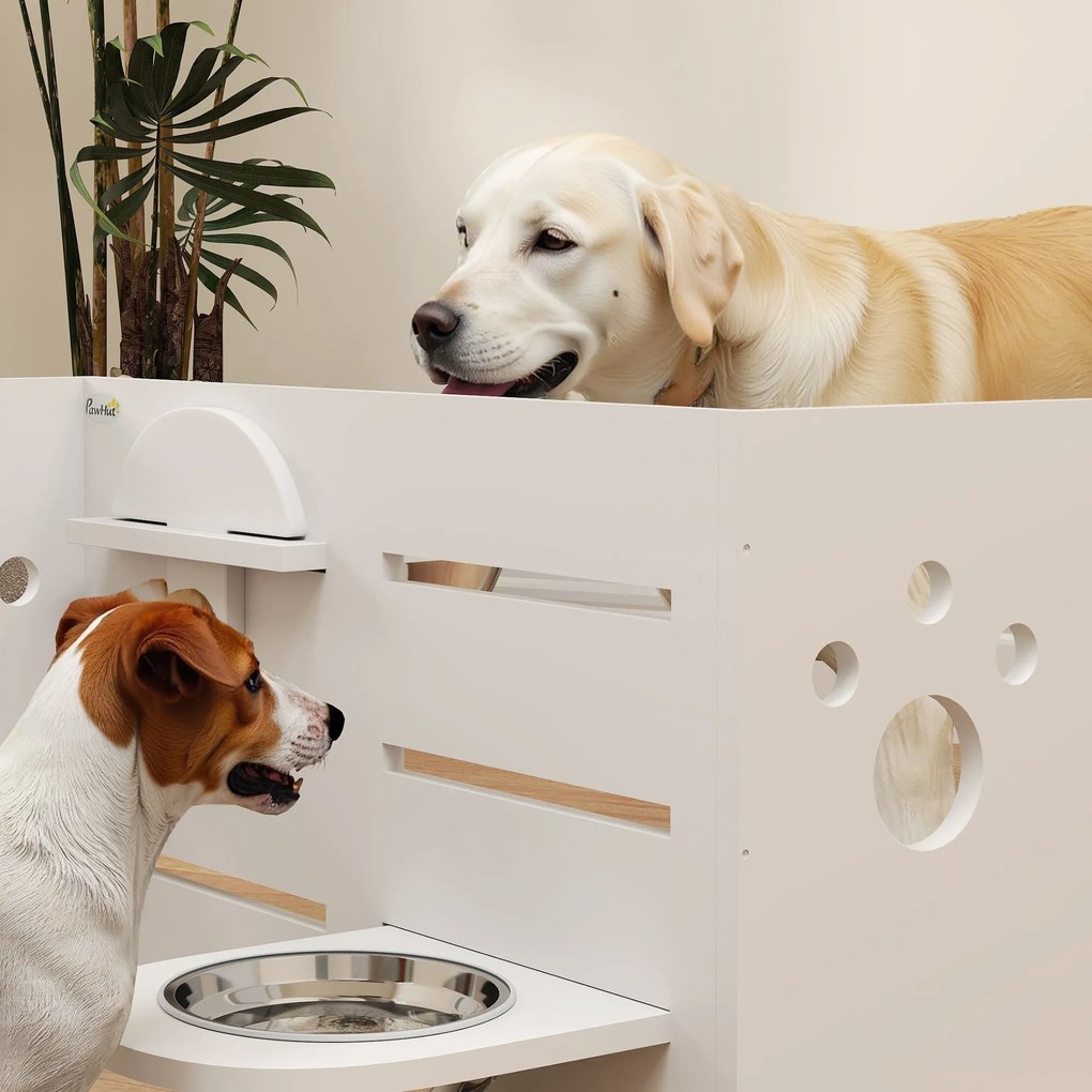 PawHut Stelaż na miskę dla psów, regulowane miski z oddzielnym designem, 2 miski ze stali nierdzewnej, mata przeciw połykaniu, Biały
