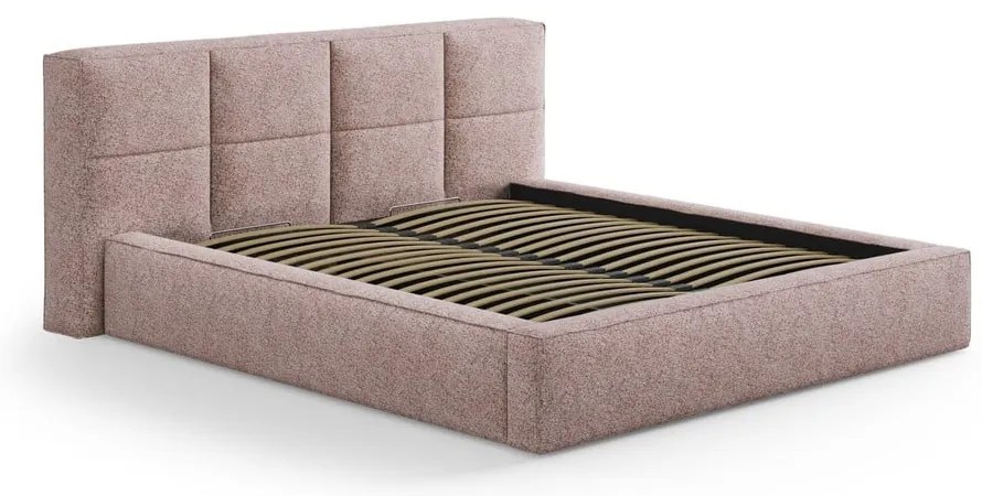 Jasnoróżowe tapicerowane łóżko dwuosobowe ze schowkiem ze stelażem 200x200 cm Simon Darren – Micadoni