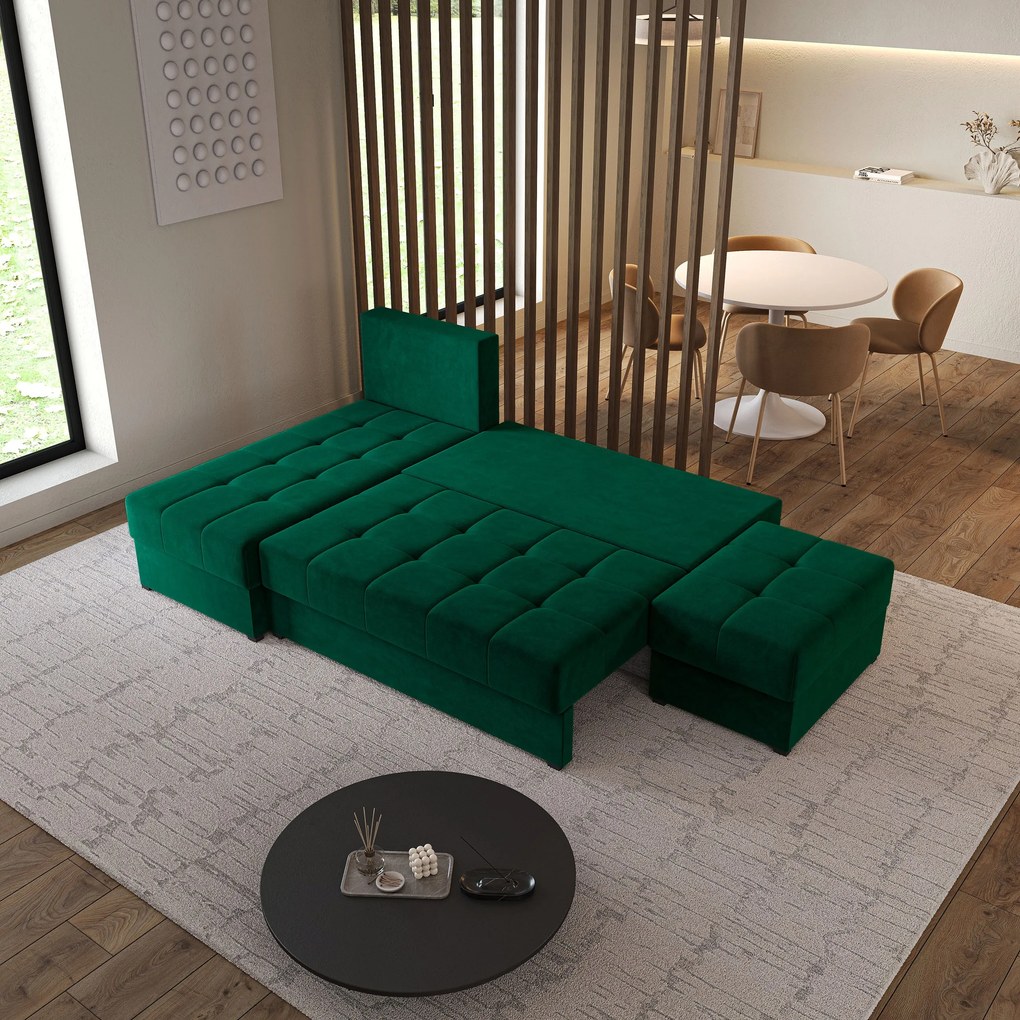 Masseno Narożnik NORVI z funkcją spania i pojemnikiem na pościel Narozniki L, Rozkładana sofa - Butelkowa zieleń, KRONOS 19