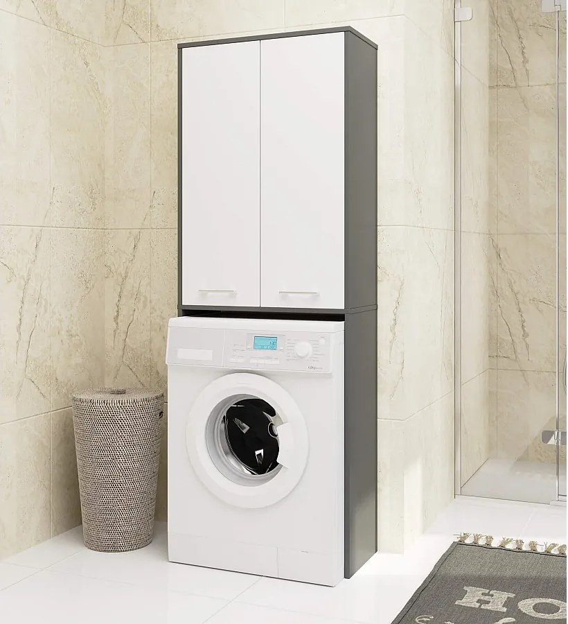 Słupek łazienkowy AKORD FIN do zabudowy pralki Grafit Szary 64 cm 2 drzwi kolor Biały mat 4 półki 64x30x180 cm