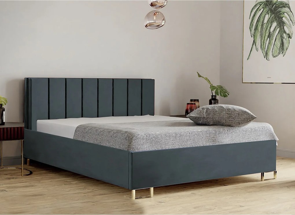 Łóżko tapicerowane MALIBU, wezgłowie, obicie MONOLITH, pojemnik na pościel, podnośnik gazowy, wysokość spania 39 cm, 140x200 cm, Błękitny