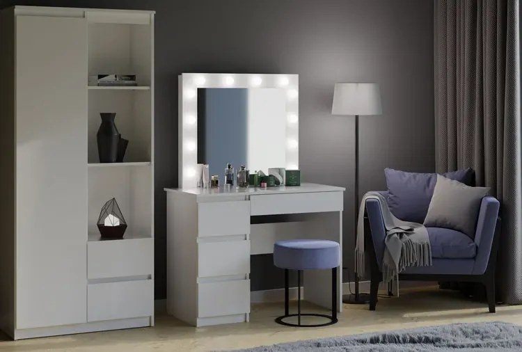 Białe biurko toaletka z szufladami i lustrem led L6-E65