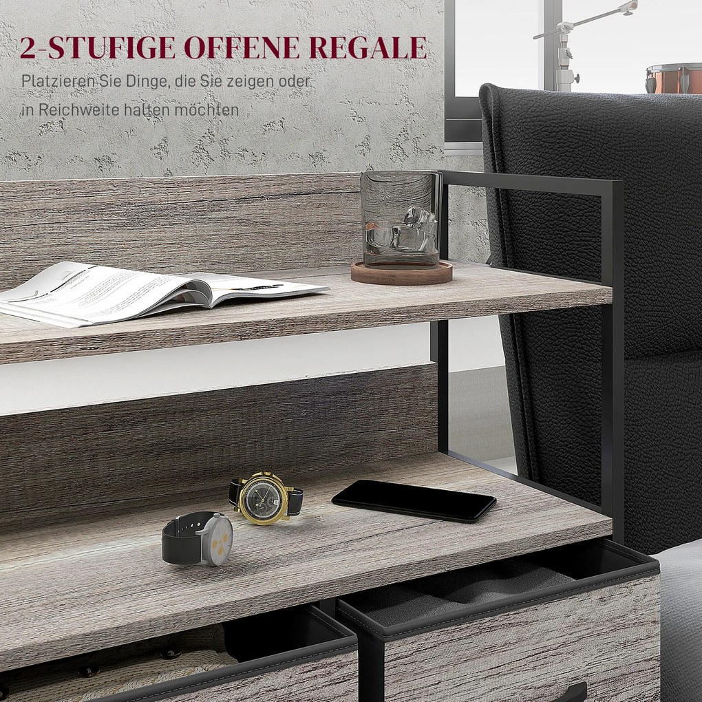 HOMCOM Komoda z tkaniny, 5 składanych szuflad, 2 półki, Stelaż stalowy, 98 x 29 x 85 cm, Szara