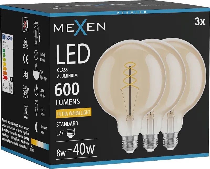 Mexen Vintis 3x żarówka filament spirala LED E27, G125, 8W, Ciepła - 2200K, 600 lm, amber - L168-E27-0822-50x03