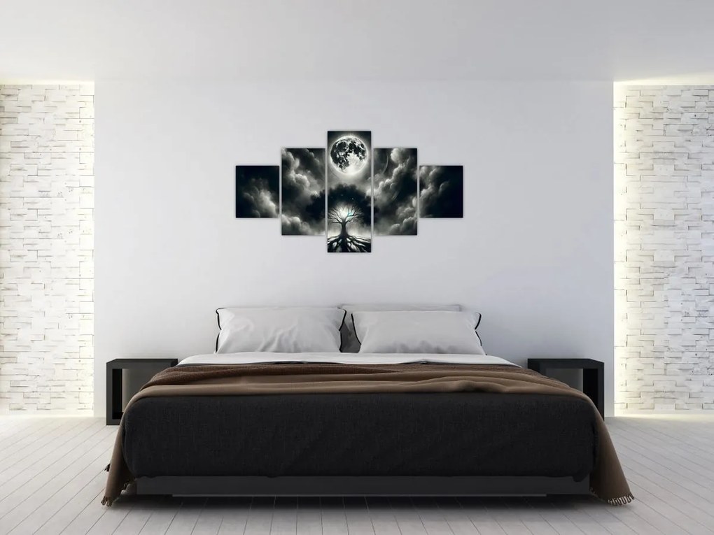 Obraz – Czarno-białe drzewo w pełni księżyca (125x70 cm)