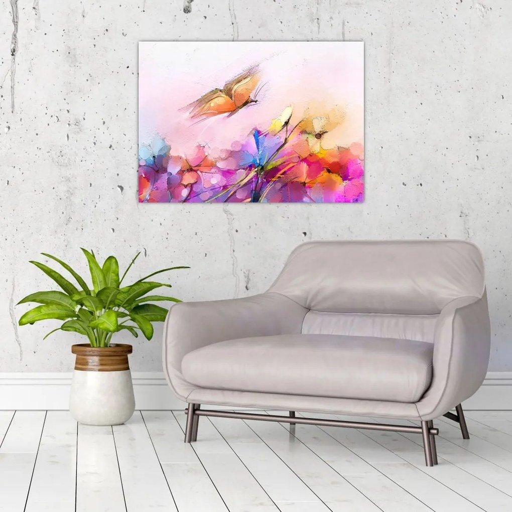 Obraz - Motyl nad kwiatem, abstrakcja (70x50 cm)