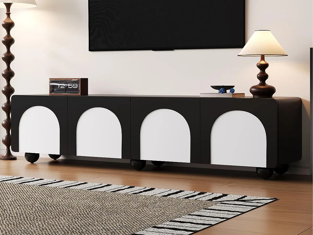 Meble pod TV 180x38x45 cm - 2 szuflady i 2 fronty - Dwukolorowy design - Okrągłe nogi - MDF + płyty wiórowe - Czarny i biały