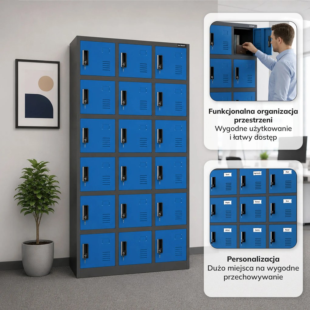 Szafka pracownicza skrytkowa 18-skrytkowa antracytowo-niebieska, 900x1850x400 mm: KAROL