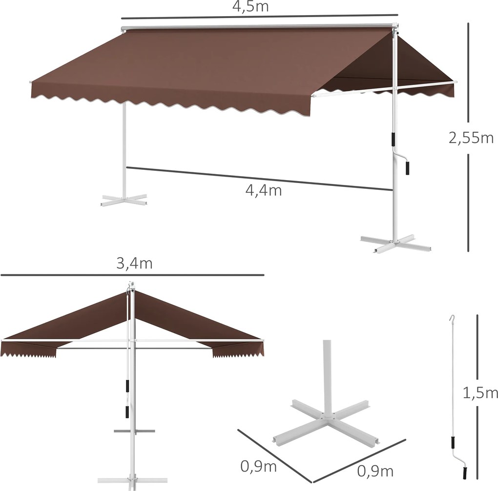Outsunny Wolnostojąca Markiza 4,5x3,4m, regulacja kąta, korbka, konstrukcja metalowa, Kawa