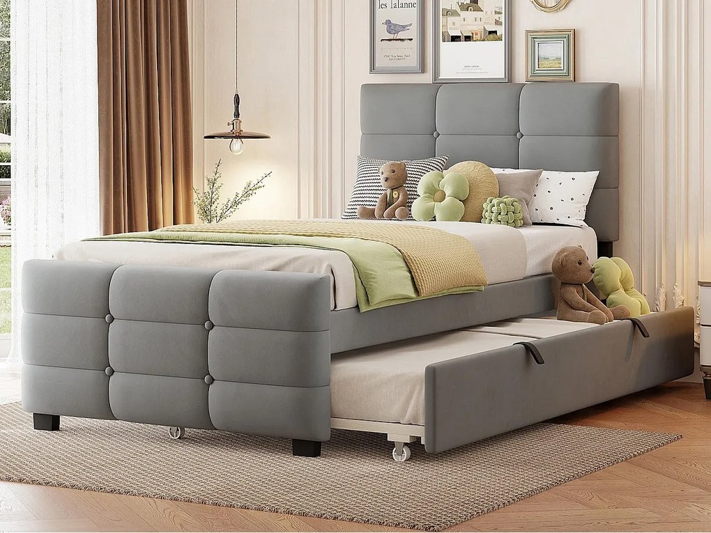 Tapicerowane łóżko 90 x 190 cm - z łóżkiem chowanym - tkanina welurowa - szary​ (materac nie jest wliczony w cenę)