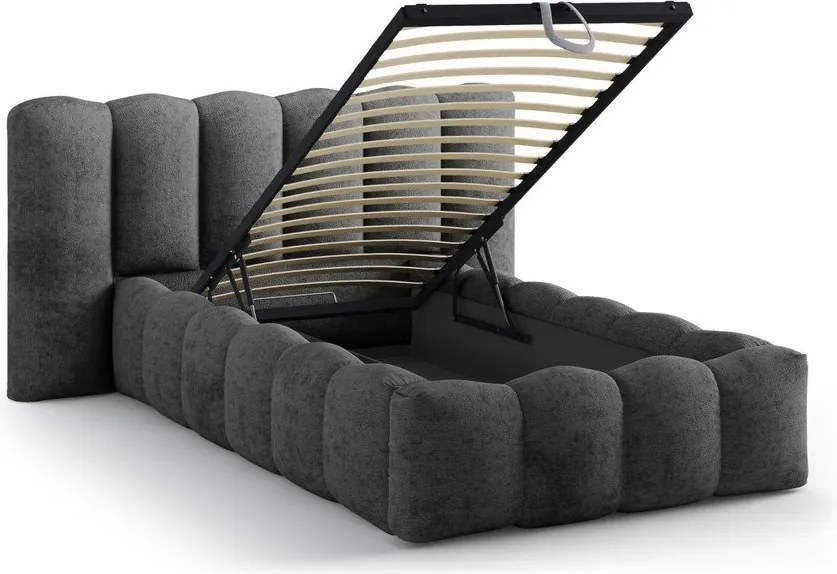 Ciemnoszare tapicerowane łóżko jednoosobowe ze schowkiem i stelażem 90x200 cm Lupine – Micadoni