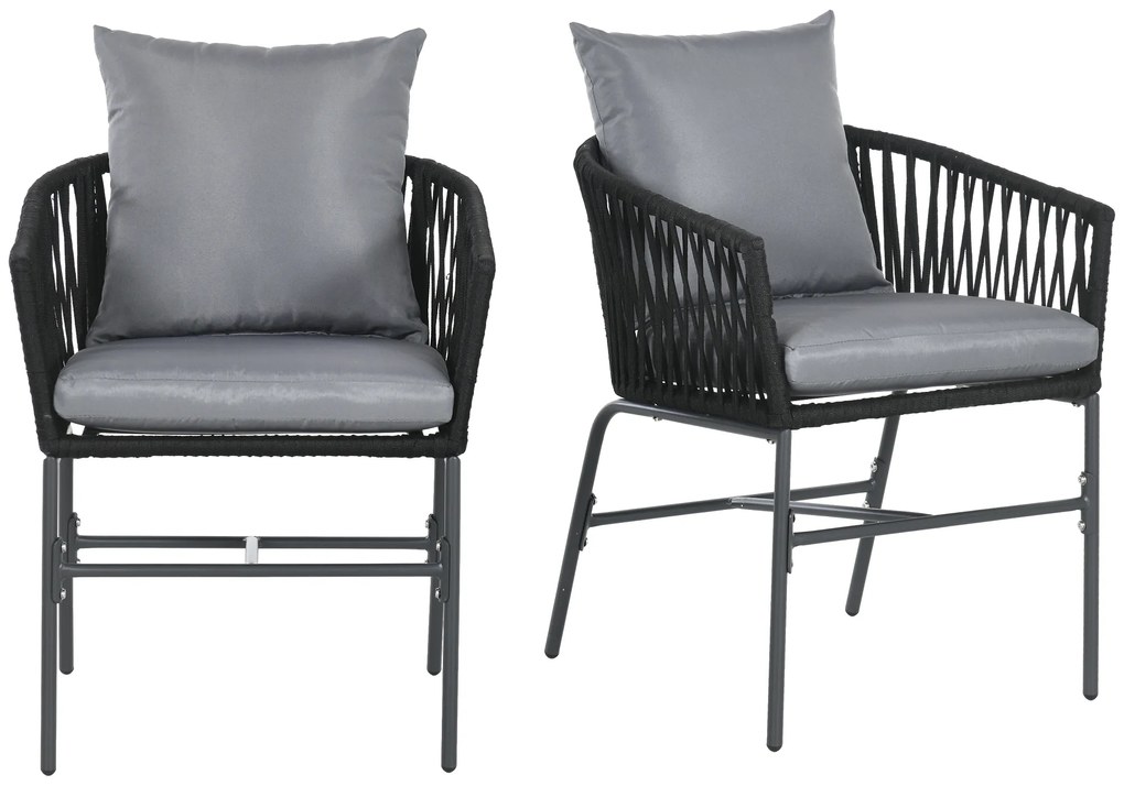 Outsunny Krzesła Ogrodowe, 2 szt., Design Boho, Poduszki na Siedzisko i Oparcie, Wygodna Powierzchnia Siedziska, Rama Metalowa, Czarny