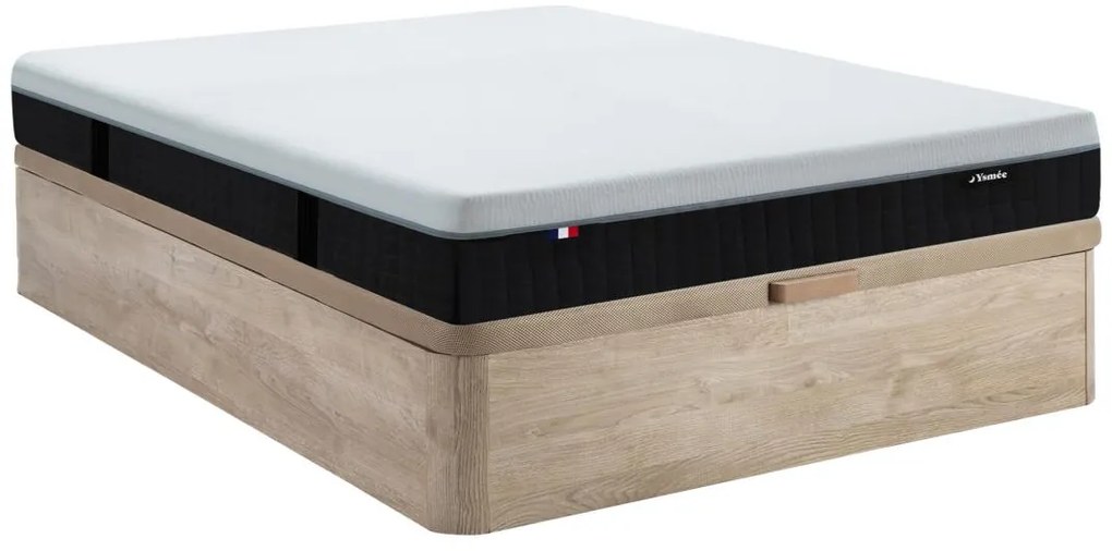 Zestaw 140 x 190 cm stelaż z jasną naturalną skrzynią + materac hybrydowy ognioodporny o grub. 28 cm z 9-strefowymi sprężynami kieszeniowymi, pamięcią kształtu i lateksem - SLOMAS marki YSMÉE