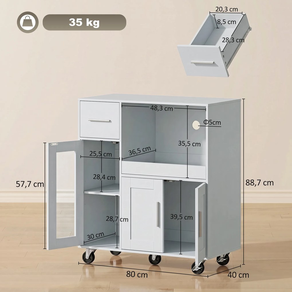 HOMCOM Szafka kuchenna na kółkach, mobilna komoda kuchenna z półkami, szufladami, regulowaną półką, otworem na kabel, szary | Aosom PL