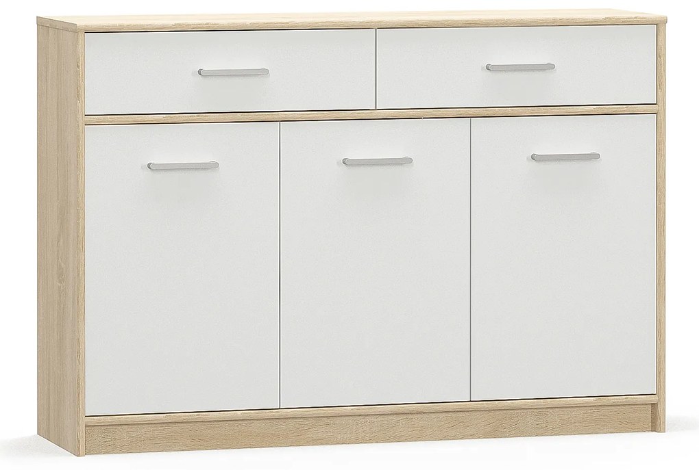 Komoda Trzydrzwiowa z Szufladami do Salonu DEW 123 cm Dąb sonoma/biała Nowoczesna