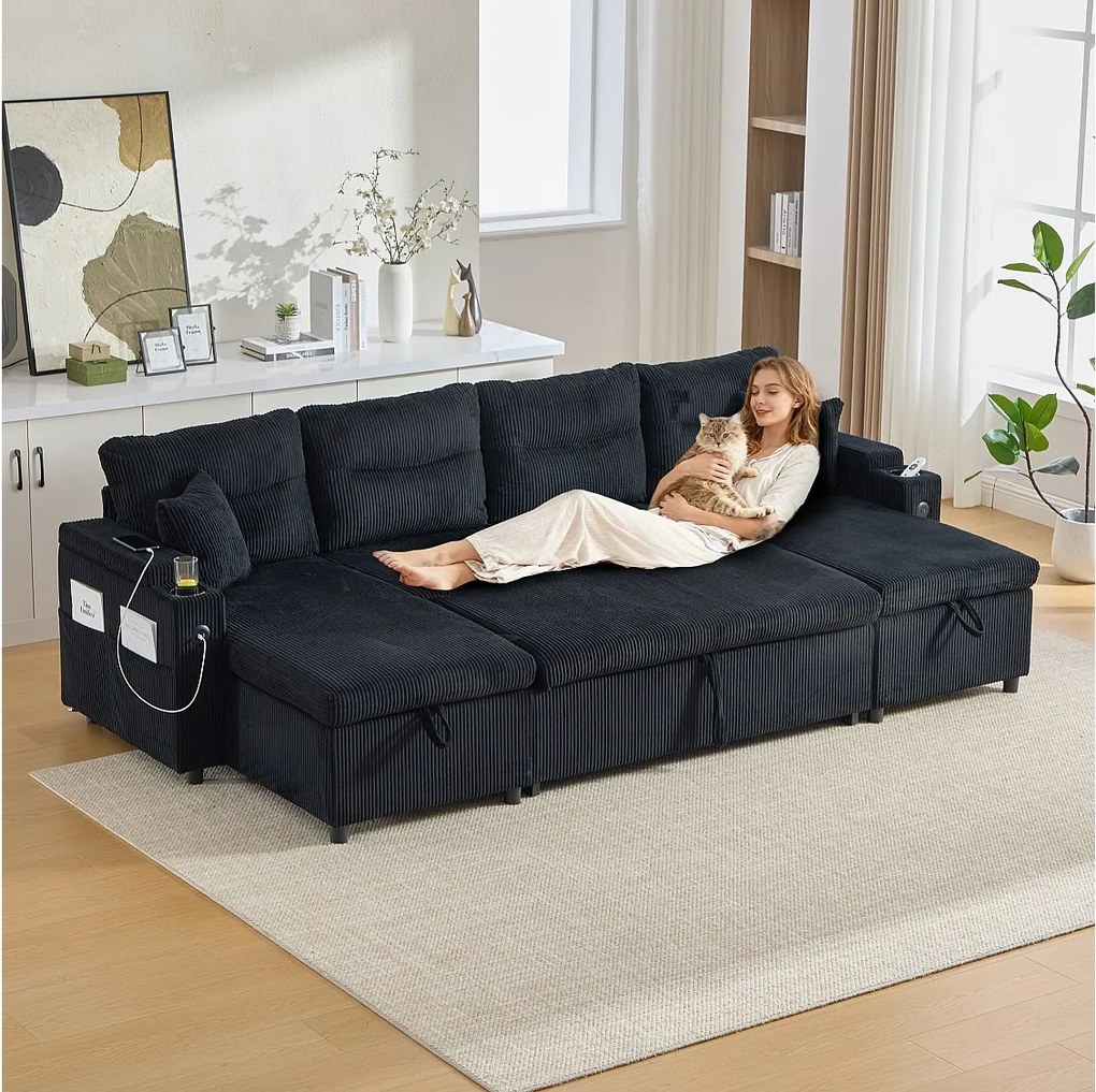 Sofa 4-osobowa z szezlongami ze schowkiem - 272 x 136 x 86 cm - z uchwytami na kubki + port USB + wysuwane łóżko - aksamit - czarny
