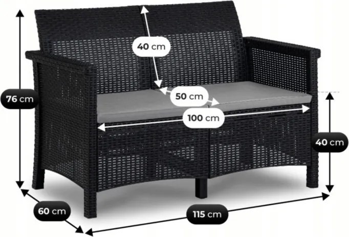 Zestaw Mebli Ogrodowych BRENTA Czarny/Szary 2xFotel Sofa Stolik Tarasowy Technorattan Nowoczesny
