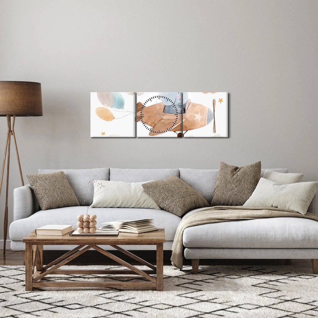 Obraz - Akwarela słoń w samolocie (z zegarem) (90x30 cm)
