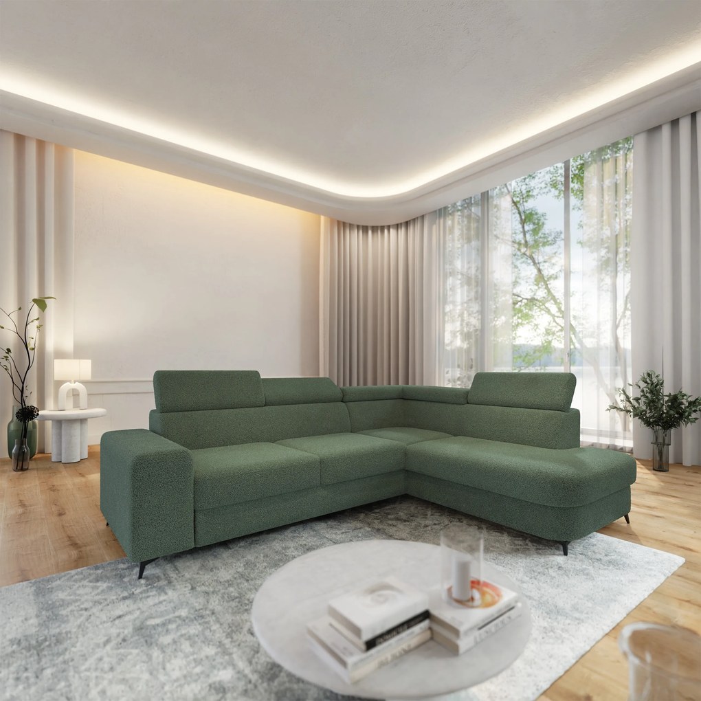 Masseno Narożnik ALVORO z funkcją spania i pojemnikiem na pościel Narozniki L, Rozkładana sofa - Zielony, QUELLE 37