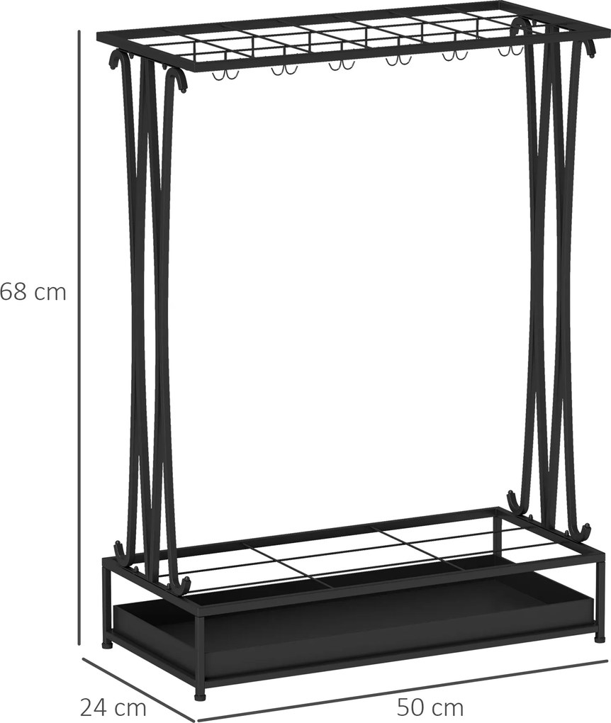 HOMCOM Stojak na parasole z wyjmowaną tacką ociekową, 21 otworów i 24 haczyki, Stal, Czarny