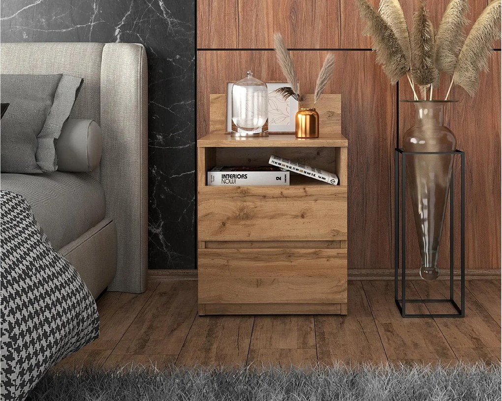 Duża Szafka Nocna Dąb Wotan 40 CM 2 Szuflady 1 Półka Stolik Nakastlik 40x32x59 CM