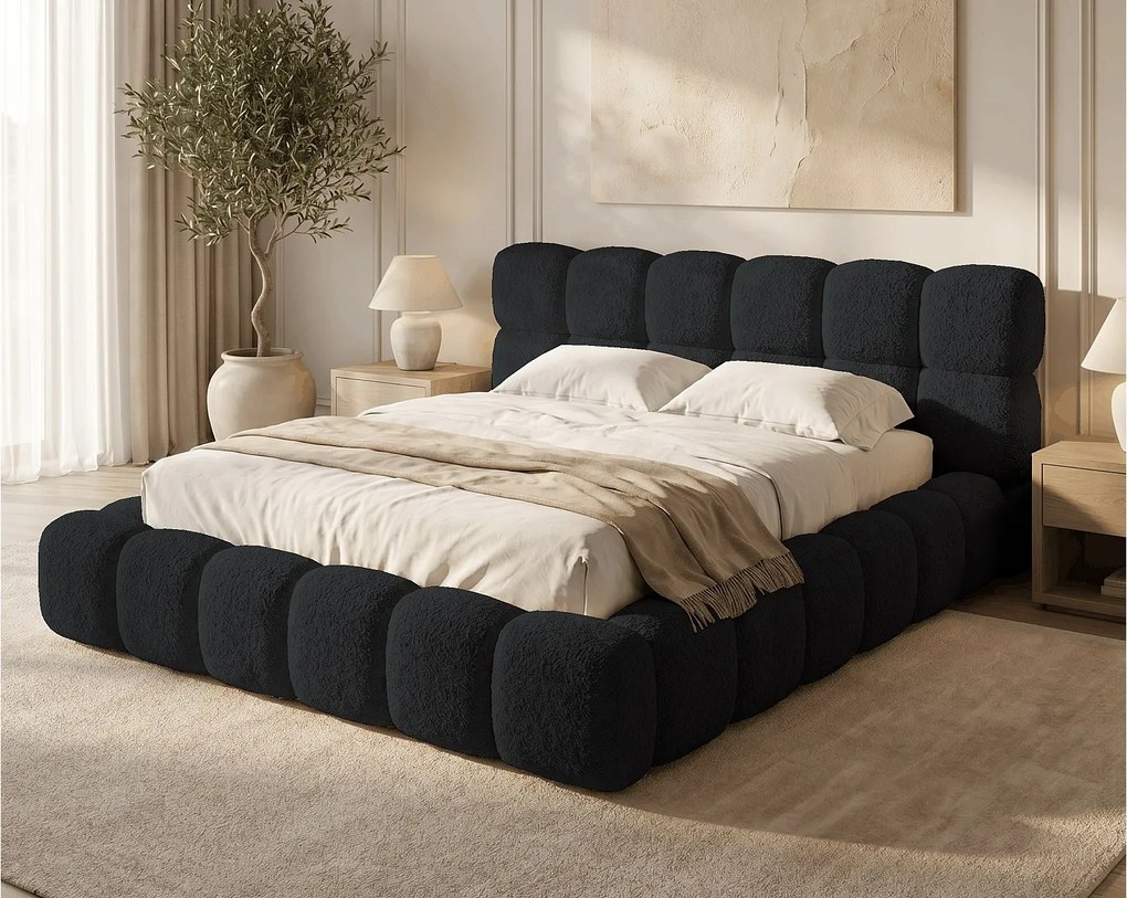 BESILIO Łóżko z grubej pianki 180x200 boucle Tokyo - łóżko z pojemnikiem i stelażem - Czarny