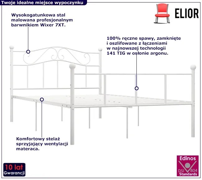 Białe metalowe łózko dwuosobowe 160x200 cm - Okla