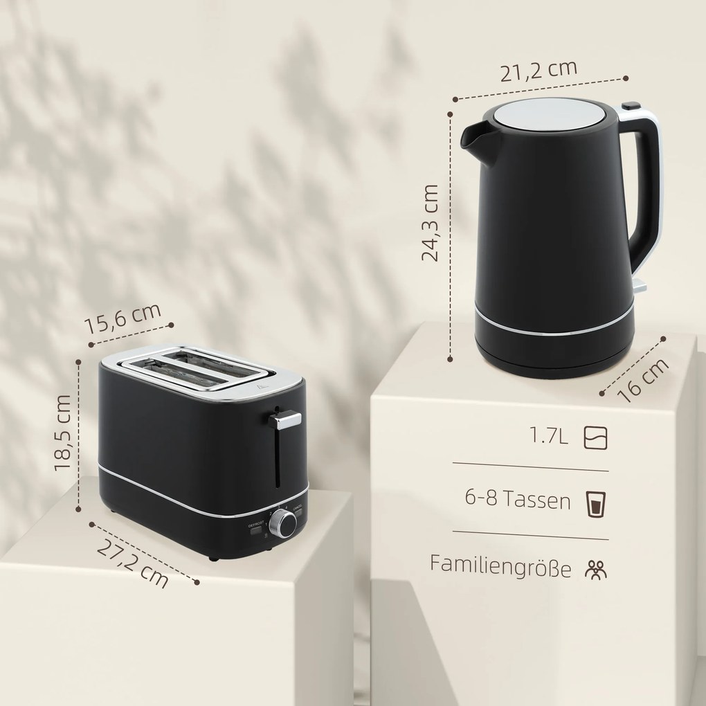 HOMCOM Zestaw czajnik 1,7 L i toster z 6 stopniami zrumienienia, Czarny/Stal