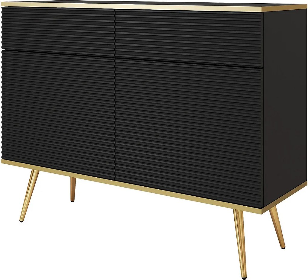 Komoda w stylu glamour w kolorze czarnym z nóżkami złotymi, 107 x 85 x 39