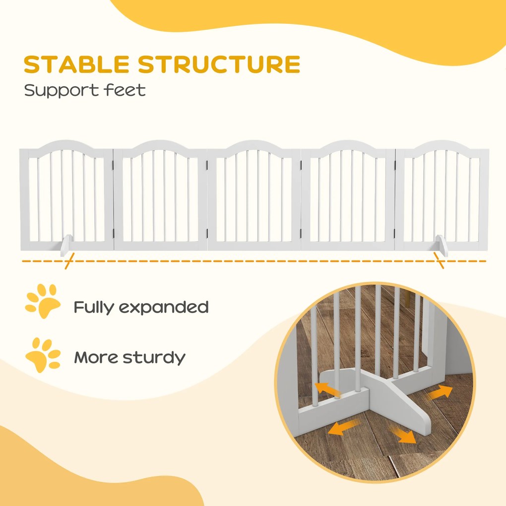 PawHut Składana bramka dla psów 5 paneli elastyczna drewniana biała 2545x295x61 cm | Aosom PL