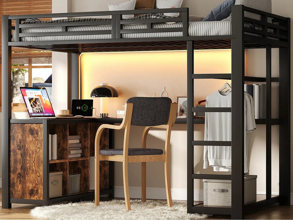 Metalowe łóżko wysokie 140x200 cm - Oświetlenie LED i port USB - Zintegrowane biurko i otwarta szafa - Czarny (bez materaca)